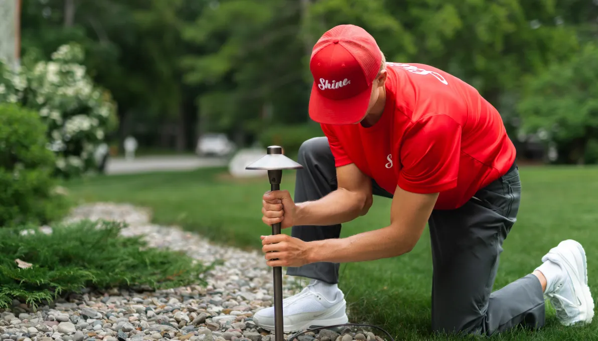 Shine technician installing outdoor landscape lighting in a residential yard
